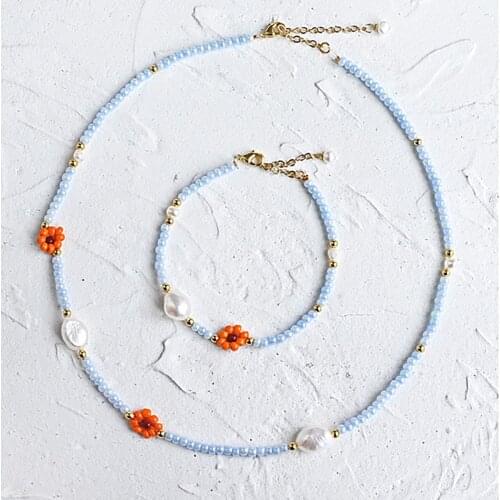 KBJW Different Color Glass Beads Pearl Choker and Bracelet Set Delicate Stainless Steel 18K Gold Plated Handmade New Jewelry Set