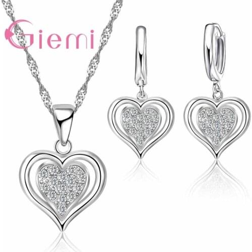 Romantic Cute Size Heart Shape Necklace Earrings Shopping Matching Clothes Jewelry Set 925 Sterling Silver and CZ