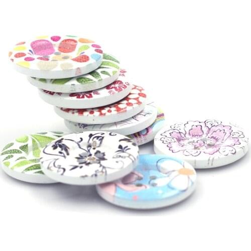100Pcs Mixed Flower Pattern Wooden Buttons 4 Holes Round Wood Sewing Ornaments Scrapbook Findings 30mm