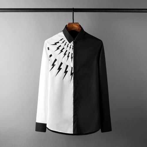 Minglu Black White Contrast Color Mens Shirts Luxury Long Sleeve Lightning Mens Dress Shirts Fashion Slim Fit Casual Man Shirts