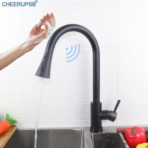 Touch Kitchen Faucet Smart Sensor Deck Mount Sink Tap Pull Down Touch Sense Faucets Automatic Matte Black Crane Inductive Taps