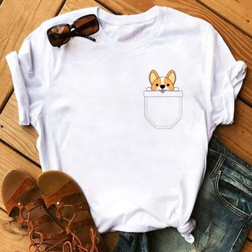 Funny Corgi Pocket Printed Women T Shirts Soft Comfortable Fashion T Shirts 90s Cute Tops Harajuku Kawaii Graphic Tees Female