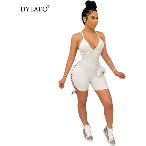 Women Sexy V Neck Suspended Jumpsuits Sleeveless Summer Clothing Wear Sexy Slim Short Cotton Knitted Bodycon Bandage Jumpsuit