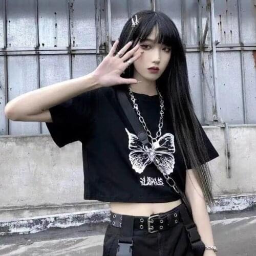 Goth T-shirt Women Y2k Crop Top 90s vintage short sleeve t-shirt Aesthetic Street kawaii Shirts Harajuku Punk Women Clothing