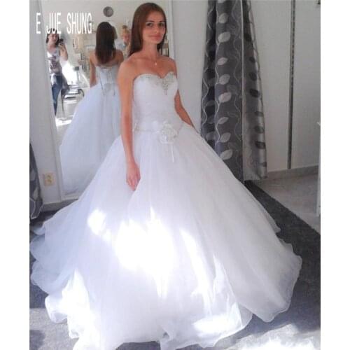 E JUE SHUNG Elegant Crystals Simple Wedding Dresses Flowers Lace Up Back Sweetheart Princess Bridal Dresses Vestido De Novia