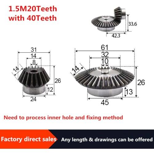 2pcs 1:2 Bevel Gear 1.5 Modulus 20 Teeth + 40teeth Inner Hole 10mm 90 Degree Drive Commutation Steel Gears Steel Gears Screw M5