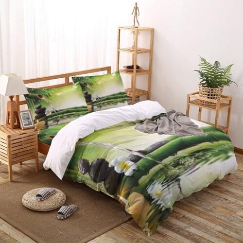 Zen Stone Green Bamboo Forest Water Bedding Set Duvet Cover Set Bed Printing Pillowcase Bed Linen Queen Size Home Textile