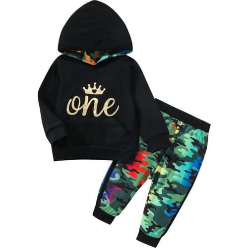 2021 0-24M Baby Boys Girls Outfits Autumn Toddlers Crown Letter Print Long Sleeve Hooded Tops+Camouflage Long Pants Clothing Set