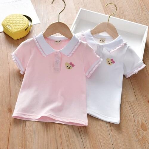 Girls summer T-shirt 2021 new baby embroidered bear lapel casual top little girl short-sleeved t-shirt P4395
