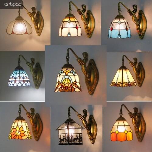 Artpad Vintage Wall Lamp Bathroom Mirror Sconces 20 Types Mediterranean Style Colorful Glass Lampshade AC 90-220V Bracket Light