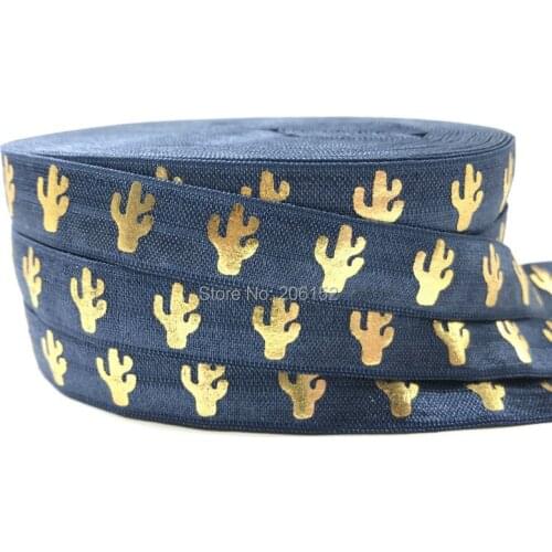 Newest 10 Yards 5/8" Cactus Print Fold Over Elastic Denim Color FOE Hair Tie Elastic Ribbon for Bracelet Headband DIY Headwear