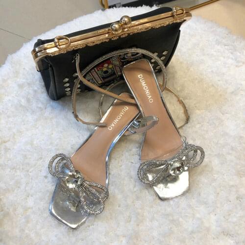 2021 Summer New One-strap Mid-heel Sandals Silver Rhinestone Bow Thick Heel Sandals Female Fairy Style