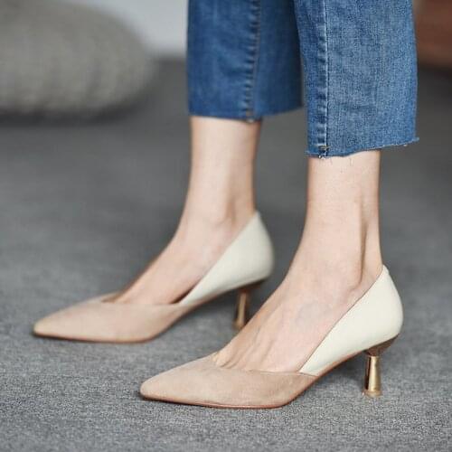 Pointed womens autumn 2020 new shallow-mouth stiletto with nude suede stitching high-heeled women