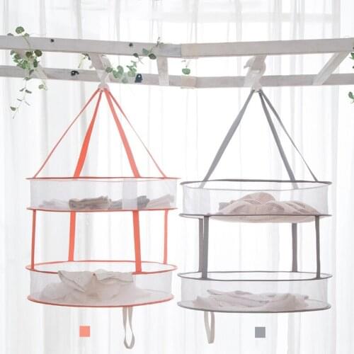 Diameter 48cm Laundry Basket Mesh Folding Nets Double Layer Windproof Clothes Dryer Drying Rack For Sweaters Hanging