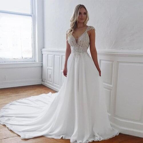 2020 Beach Style Cap Sleeve Floral Appliques Beading A Line Chapel Train Chiffon Wedding Party Dress