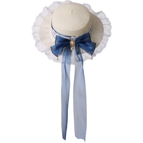 Kawaii Hat Lolita Princess Mori Girl Summer Beach Sun Hat Japanese Lace Bow Ribbon Round Flat Tops