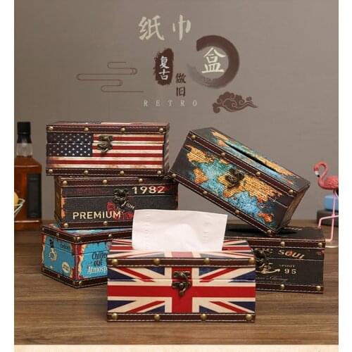 American style Home storage box with lock Retro Leather box holder desktop coffee shop decorate