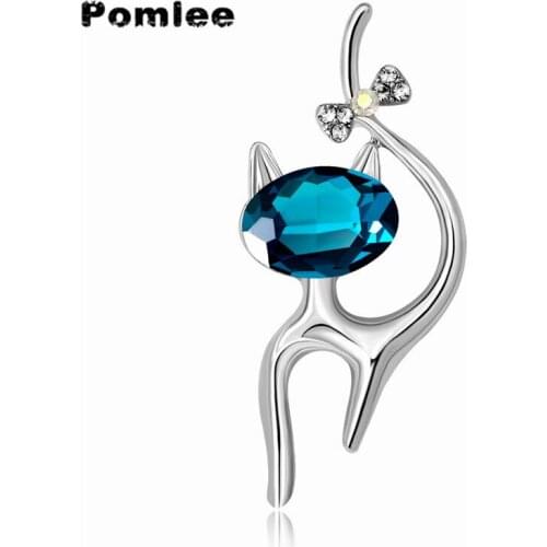 Pomlee Big Blue Crystal Cat Brooches for Women Bowknot On The Tail Pins Fashion Winter Insect Accessories Christams Good Gift