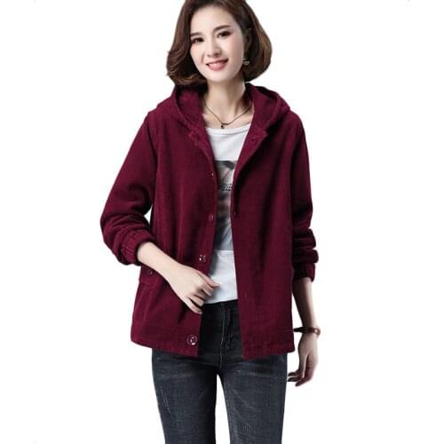 2021 New Corduroy Jacket Women Spring Autumn Korean Loose Casual Trench Coat Single-Breasted Womens Hooded Parka Overcoat 4XL