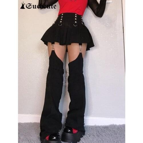 SUCHCUTE Rivet Patchwork Women Mini Pleated Skirts Hight Waist Black Shorts Skirt Punk Streetwear Gothic Clothes Dark Academia