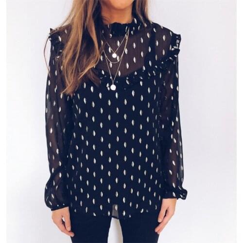 Women See Through Office Blouses Summer Chiffon Polka Dot Shirt Ruffles High Neck Black Top Sheer Long Sleeve Blouse Vestidos