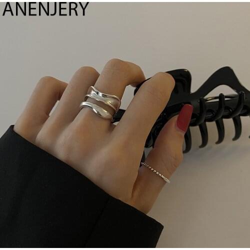 ANENJERY 925 Sterling Silver Geometric Double Wave Ring Female Vintage Geometric Combination Open Rings Creative Jewelry