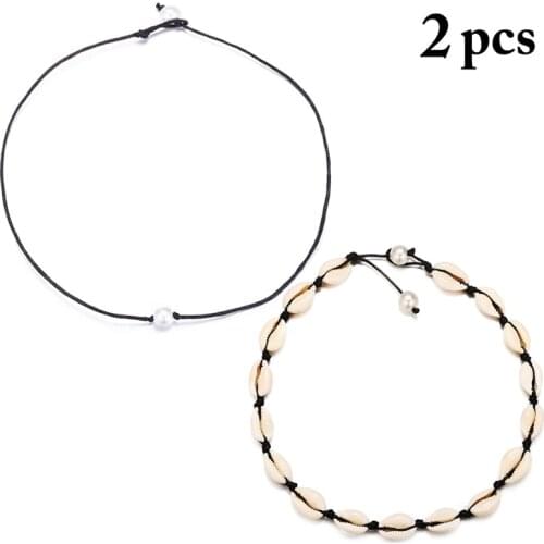 2PCS Women Fake Pearl Choker Necklace Handmade Simple Choker Chain Shell Charm Necklaces Jewellery Accessories