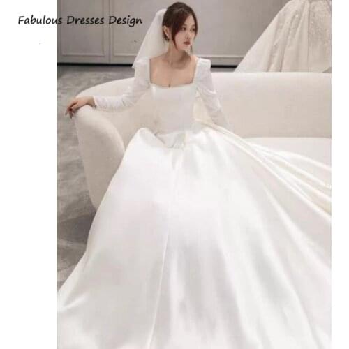 2021 Square Collar Long Wedding Dresses Backless Court Train A Line Long Sleeve Bowknot Bridal Gown Robe De Soirée De Mariage