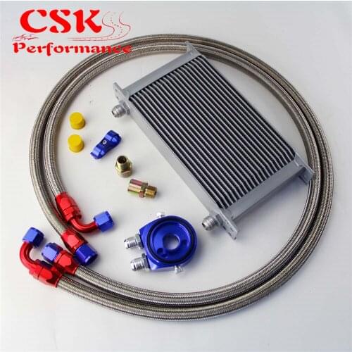 22 Row 248mm AN10 Universal Engine Transmission Oil Cooler British Type + Aluminum Filter Hose End Kit Silver/Blue/Black