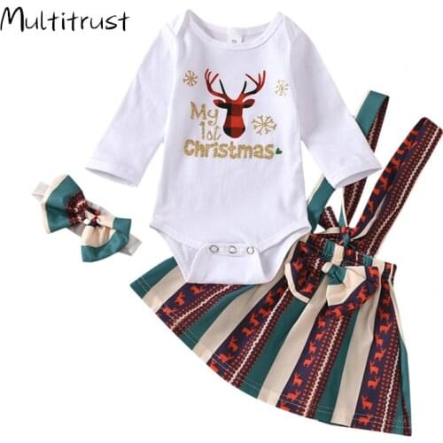 3Pcs Baby Christmas Suit, White O-Neck Long Sleeve Romper Top + Multicolor Suspender Skirt + Hairband Set for Toddler Girls