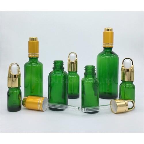 5ml,10ml,15ml,20ml,30ML,50ml,100ml Reagent Eye Dropper Essential Oil Bottle Gold Press Dropper Green Glass Perfume Bottle 100pcs