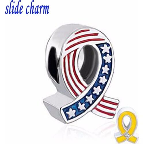Slide charm Free shipping New European fashion American flag yellow enamel ribbon charm beads fit Pandora bracelet