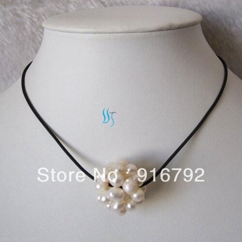 Free P&P *****17.5" 5-6mm White Freshwater Pearl Ball Black Leather Rope Necklace Cultured