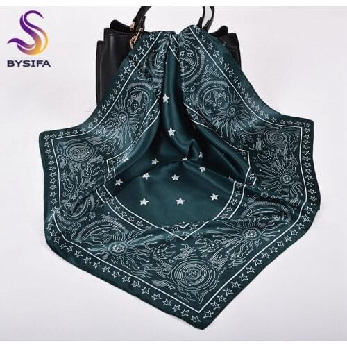 [BYSIFA] Dark Green Silk Scarf Fall New Stars Design 100% Pure Silk Small Square Scarves Printed Ladies Headbands Silk Ribbons
