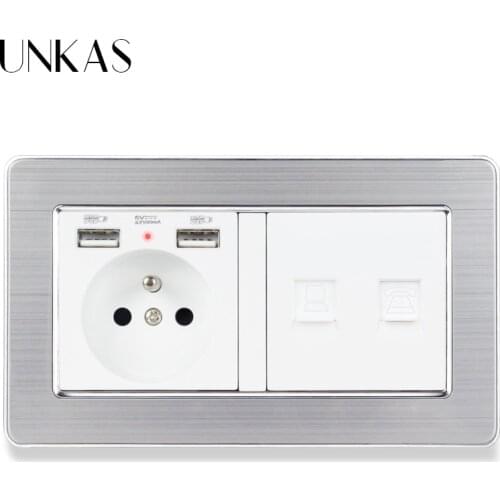 UNKAS Stainless Steel Panel French Standard Socket with 2 USB Charge Port + RJ45 Internet and RJ11 2 Core Telephone Connector