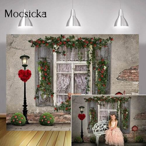Brick Wall Valentines Day Photography Backdrop Photo Studio Retro Window Red Rose Bear Wedding Portrait Background Photocall
