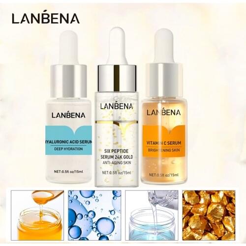 LANBENA 3pcs/Set Essence Hyaluronic Acid Vitamin C 24K Gold Six Peptides Serum Anti-Aging Moisturizing Shrink Pore Smooths Skin