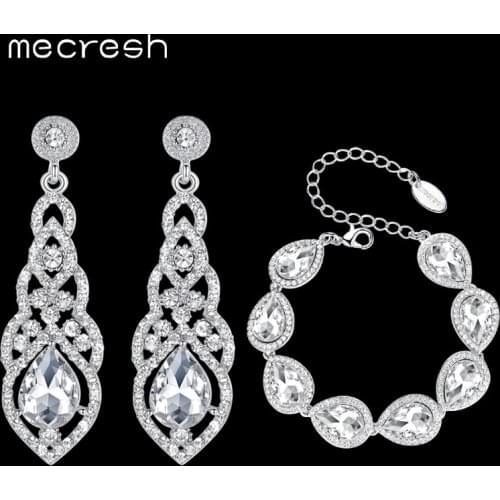 Mecresh Silver Color Crystal Bridal Wedding Jewelry Sets Clear Teardrop Bracelet Earrings Sets Jewelry for Women EH444+SL051
