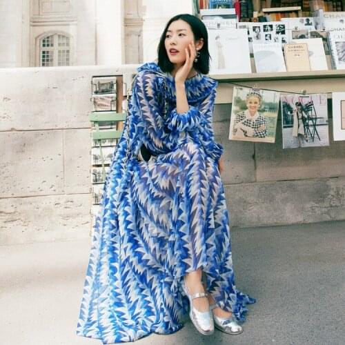 Fashion womens long sleeves chiffon dress 2019 summer runways print elegant dress A490