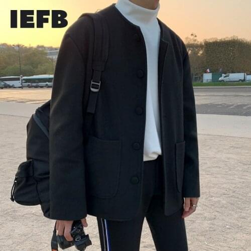 IEFB Mens Fashion Coat Black Cool Autumn Winter Teenagers Clothes Youth Pop Casual Roundneck Korean Style Tweed Jacket 9Y8477