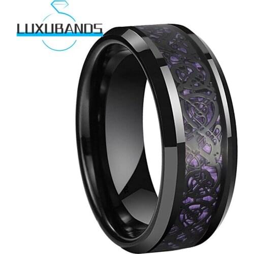Men Womens Tungsten Ring 8MM Black Dragon Beveled Edges Engagement Bands Purple Carbon-Fiber Inlay Polished Finish Comfort Fit