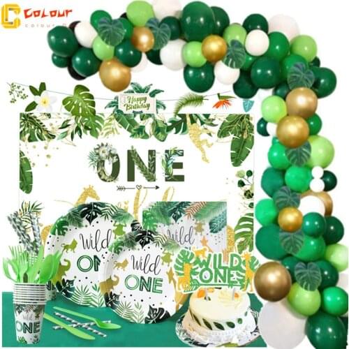 Birthday Jungle Party Disposable Tableware Set Jungle Theme Paper Plate Straw Cup napkin Wedding Party Decor Kid Wild One Ballon