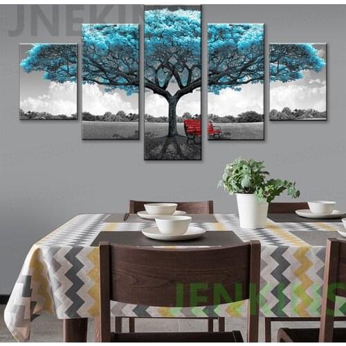 Wall Art Canvas Pictures Poster 5 Pieces Abstract Blue Tree Red Chair Scenery Paintings HD Print Frame Decor Modern Room