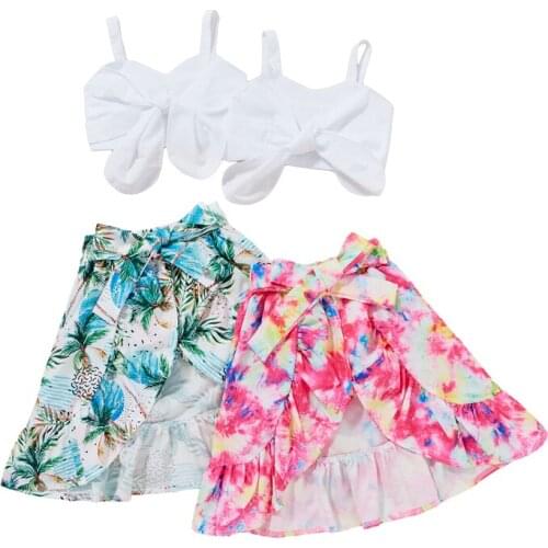 New Girls Outfits Two-piece Clothes Set White V-neck Sleeveless Tops and Irregular Hem Long Skirt Kids Clothing Sets