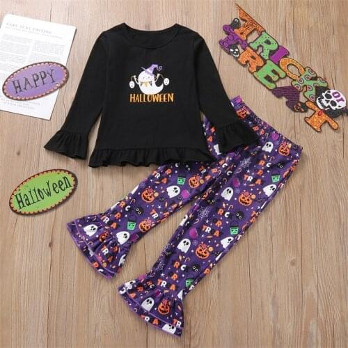 Autumn Baby Girls Clothing Sets Halloween Cartoon Pattern Long Sleeve T-shirt and Printed Pants Clothes Set for Children Kids