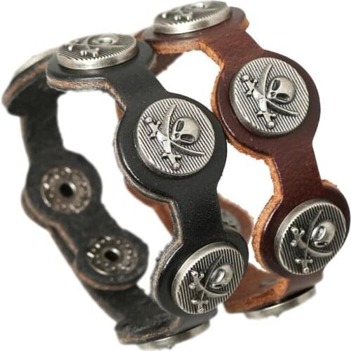 Punk Hippie Rock Men Leather Cuff Bracelets Alloy Skull Charm Wristbands Skeleton Beads Bangle Wrap Women Fashion Gothic Jewelry