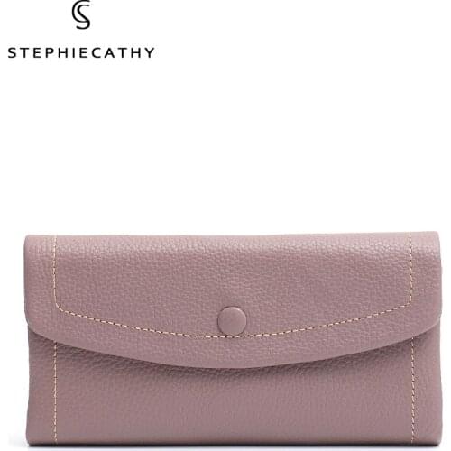 SC Fashion Genuine Leather Long Wallet For Women Function Pockets Card Holders Note Compartments Solid Color Leather Coin Purse