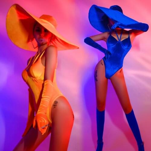 Sexy Bodysuit Bar Ds Performance Clothes New Nightclub DJ Women Gogo Dancewear Big Hat Piece Stage Festival Rave Clothes DN6628