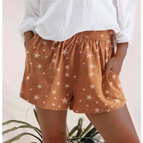Loose Bohemian High Waist Star Print Ladies Cotton And Linen Breathable Pocket Straight Shorts Summer