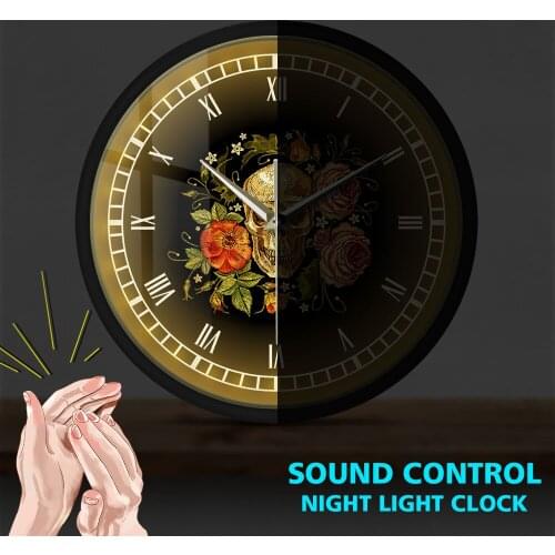Tattoo Evil Skull Roses Sound Activated Light Emitting Wall Clock Human Bodypart Skeleton Bone Voice Control Smart Watch